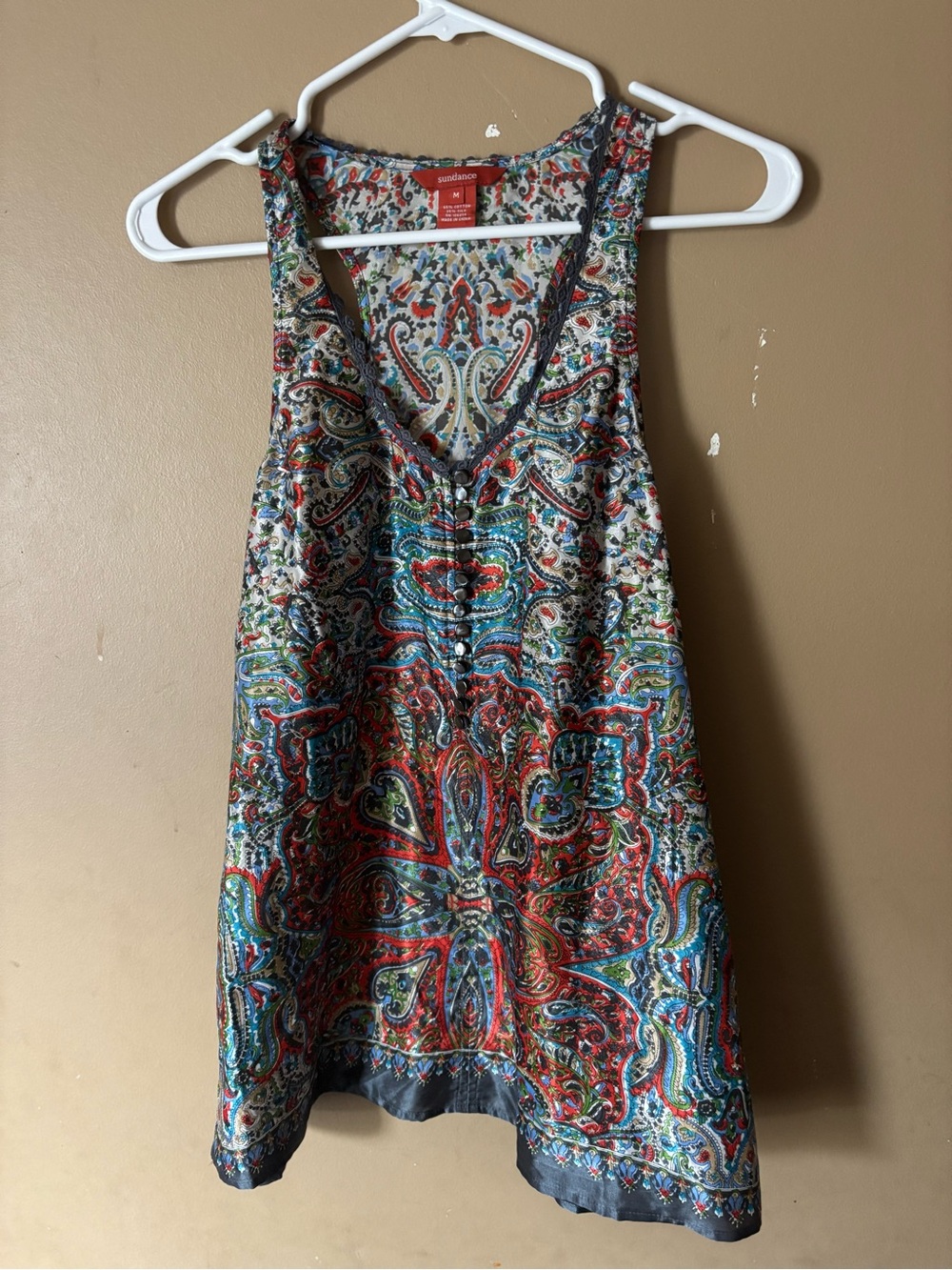 Sundance Silk Blend Paisley Sleeveless Tank Top M Crochet Trim Henley Button